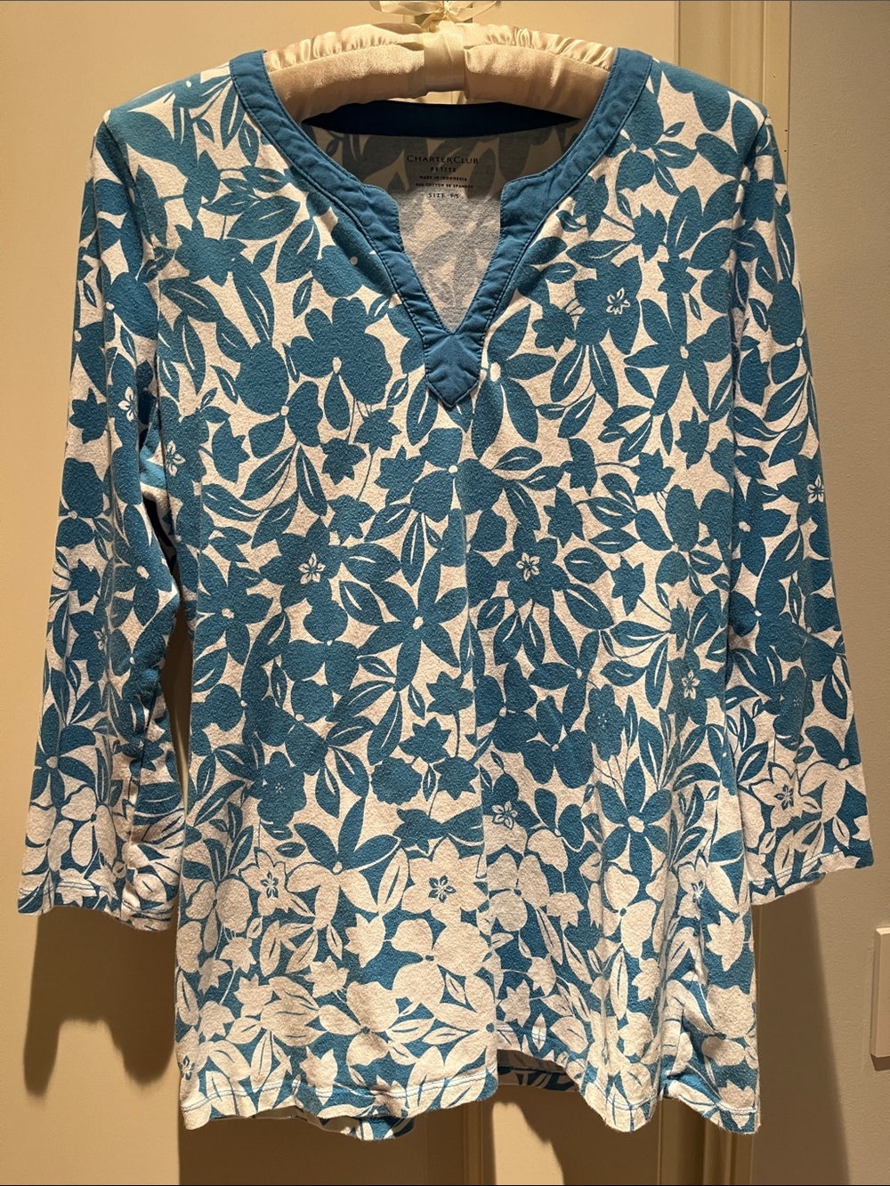 Charter Club Petites Teal and White Floral V-Neck Tunic